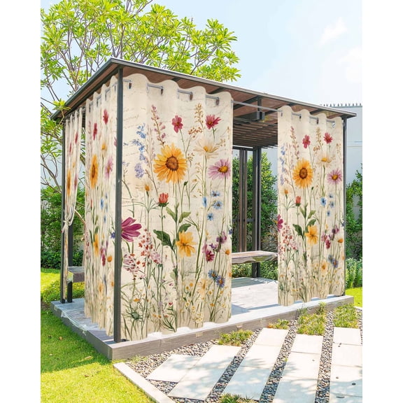 nqOlkjepod Outdoor Curtains for Patio Waterproof, Botanical Floral Outdoor Privacy Panels Grommet, Retro Purple Pink Yellow Wildflowers Blackout Outside Curtains for Porch/Cabana 54"x84", 2 Panels