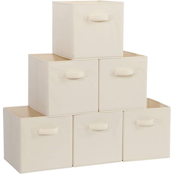 DLD Set of 6 Fabric Storage Cube Bins, Collapsible Cloth Baskets Organizer for Organization, Closet, Shelves, Offices, Toys, with Handles, Sturdy, Beige