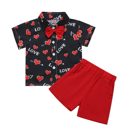 

Toddler Boys Outfits Love Hearts Printed Short Sleeve Red Printed Top Tie Shirt Shorts 2PCS Kids Children Spring Summer Fashion Leisure Cute Sleepwear Streetwear Sets