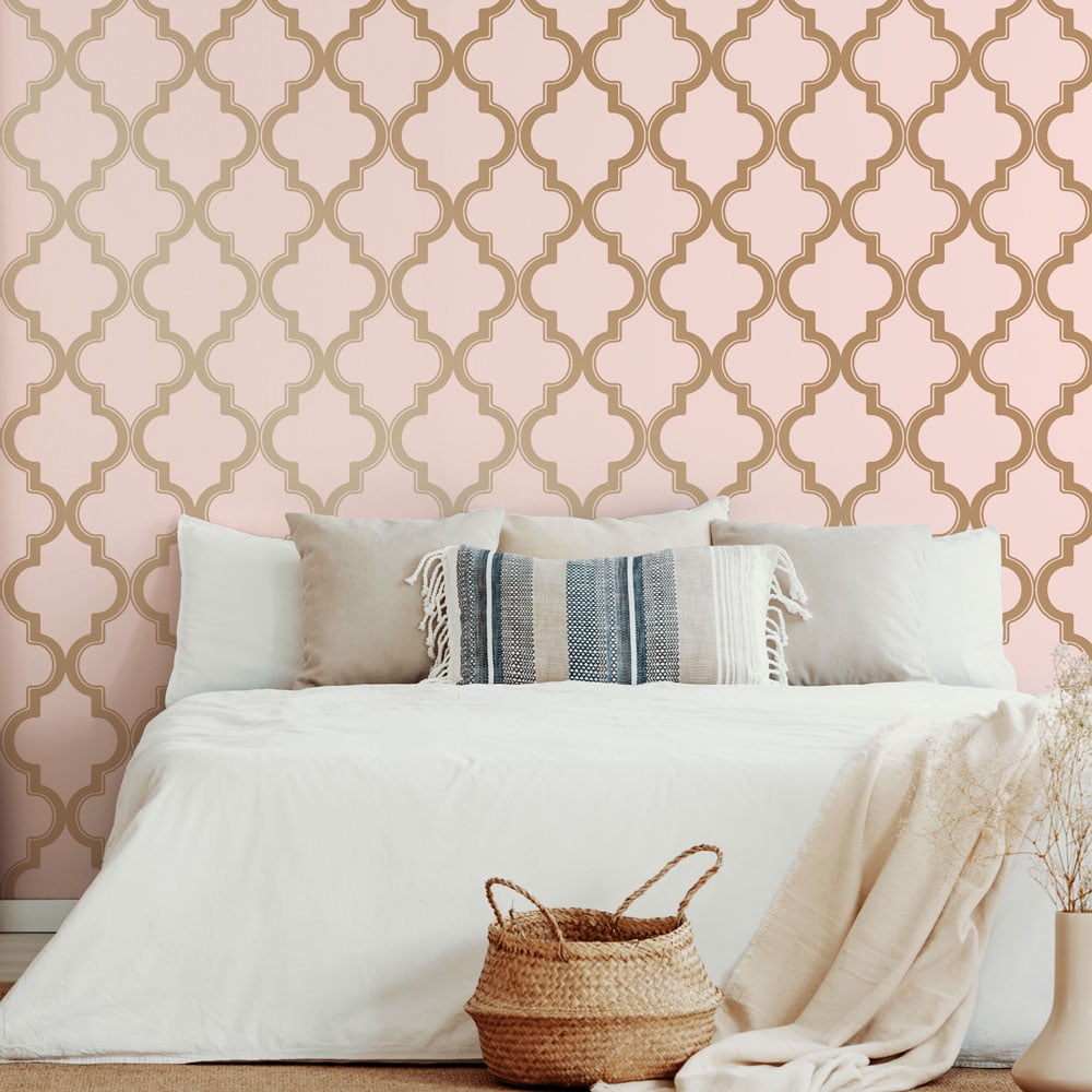 Tempaper Marrakesh Pink & Metallic Gold Peel and Stick Wallpaper, 20.5" x 16.5'