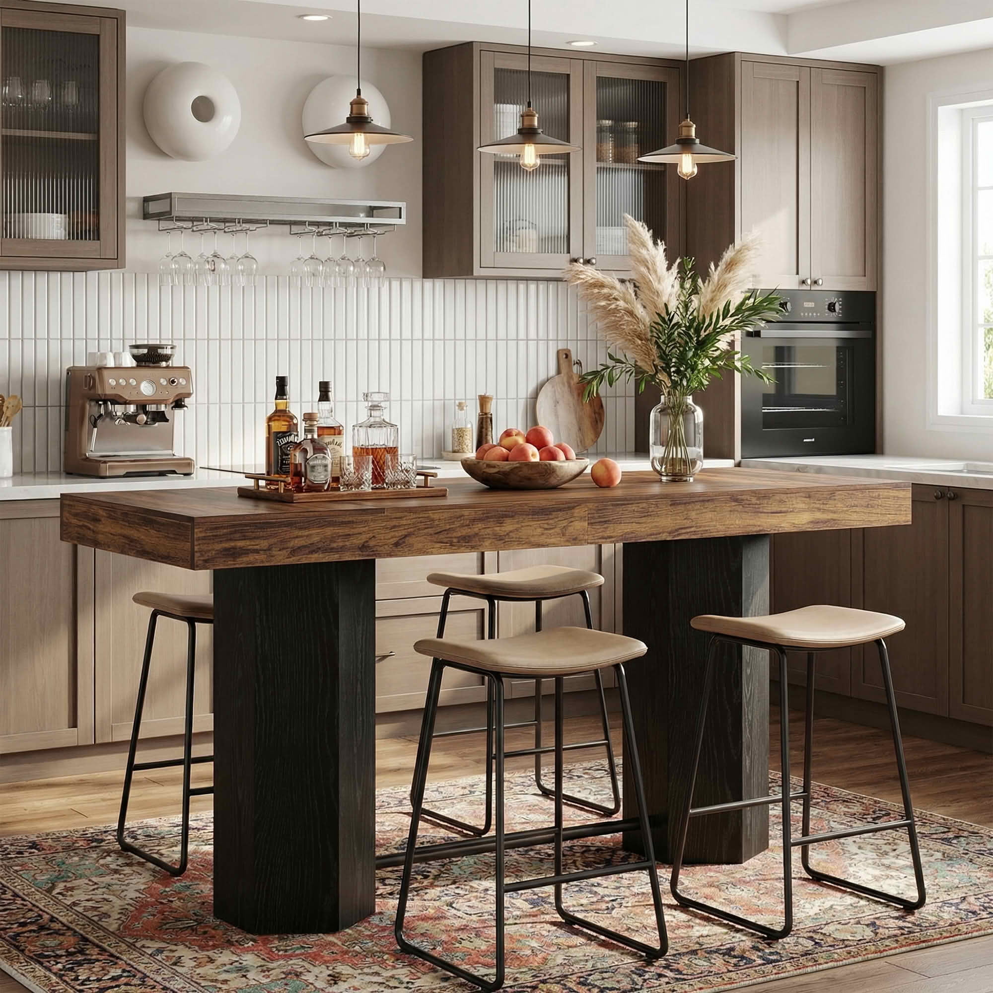 MAYEERTY 71" Industrial Bar Height Table, Walnut Woodgrain MDF Top 4-6 Person Home Bar Table with Hexagonal Base, 300lbs Capacity