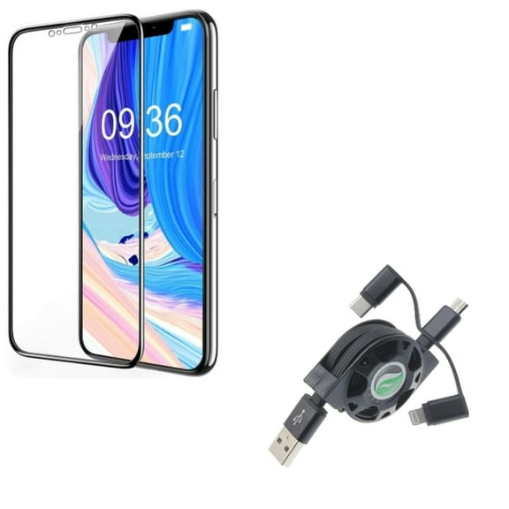 iPhone XS/X - Retractable USB Cable w Ceramics Screen Protector - Charger Power Cord 3-in-1 Wire Sync, Matte 3D Curved Edge Full Cover Anti Glare Anti Fingerprint 9H Hardness