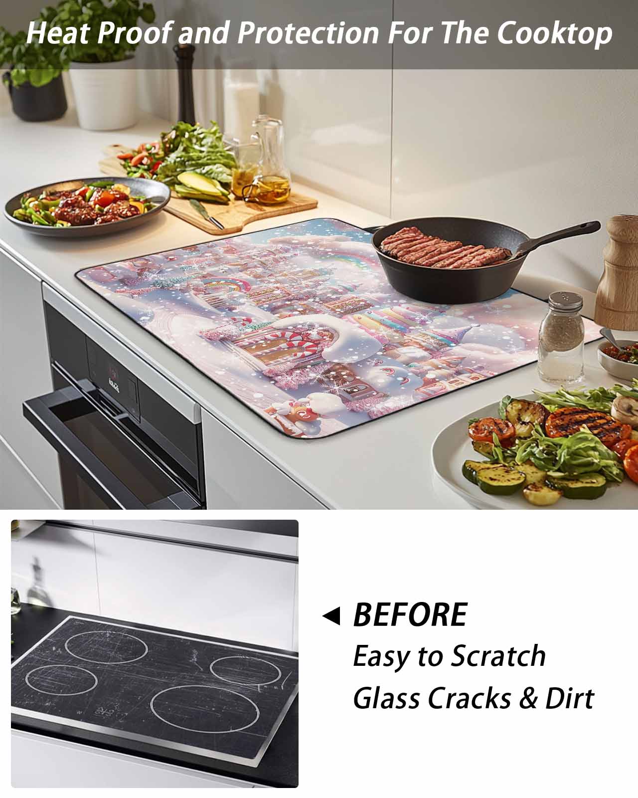 Merry Christmas Stove Top Covers for Electric Stove, 36'x21'' Gnome Elves on Retro Wooden Board Glass Ceramic Stove Cover Foldable Rubber Mat Heat Resistant Cooktop Protector for Kitchen