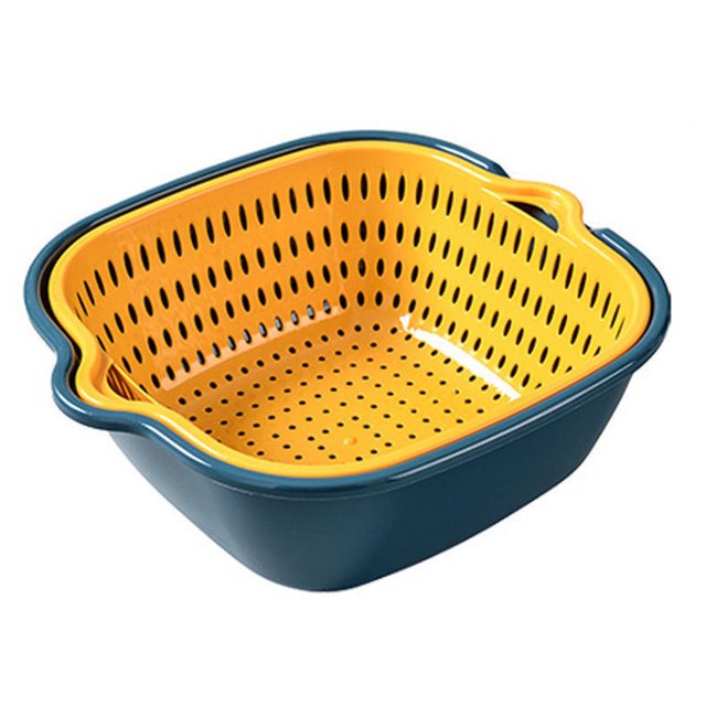 2PCS Colander Plastic Set,Kitchen Colander Strainer Set,Double Layered Drain Basin and Basket,Bowl Stackable Set,Plastic Washing Bowl,Soak,Wash and Drain Vegetables and Fruit Colanders(BLUE)