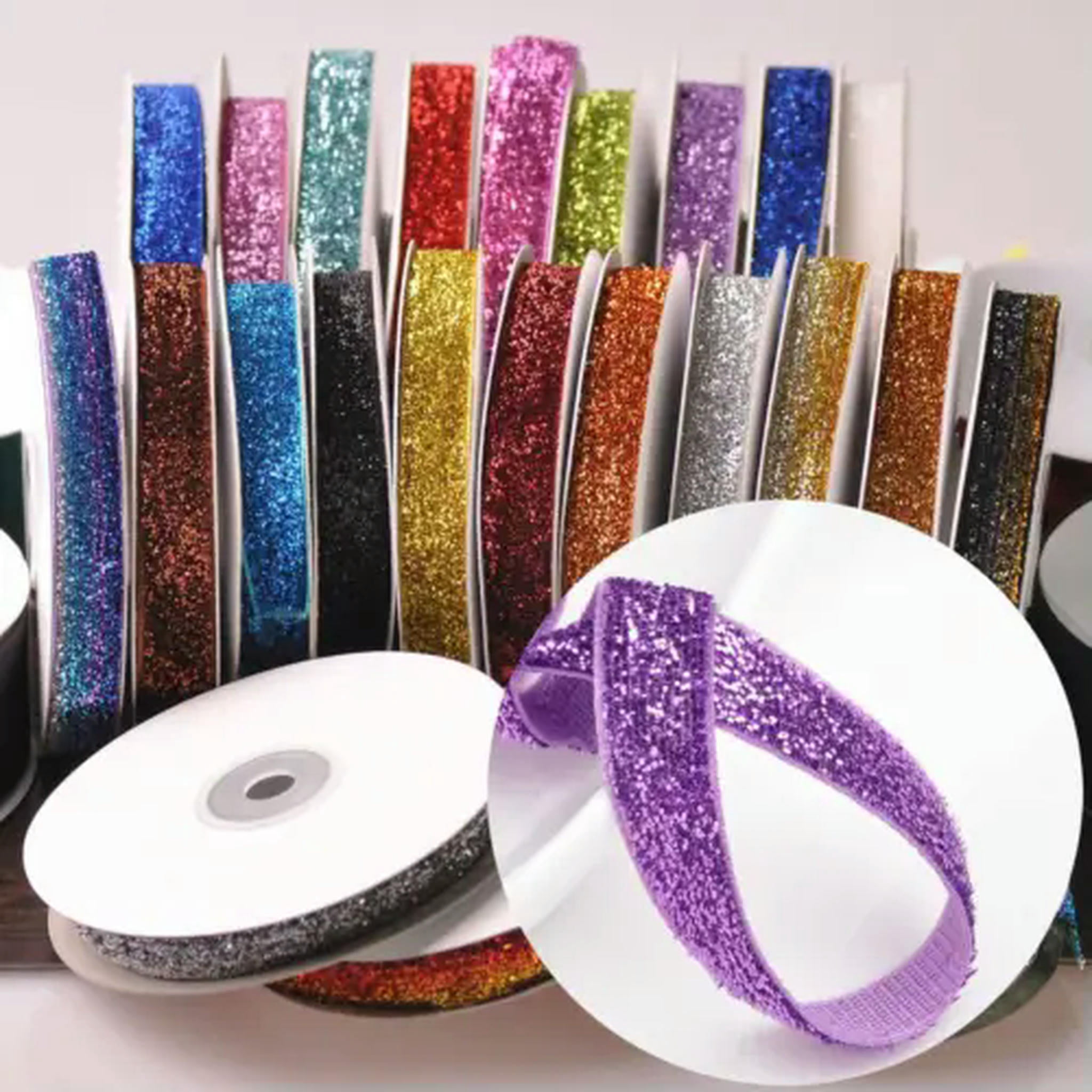 U8MO 10 Yards 3/8" 5/8" 10mm 16mm Glitter Sparkle Velvet Ribbon lot Sewing Trim-Black-3/8"-10 yards
