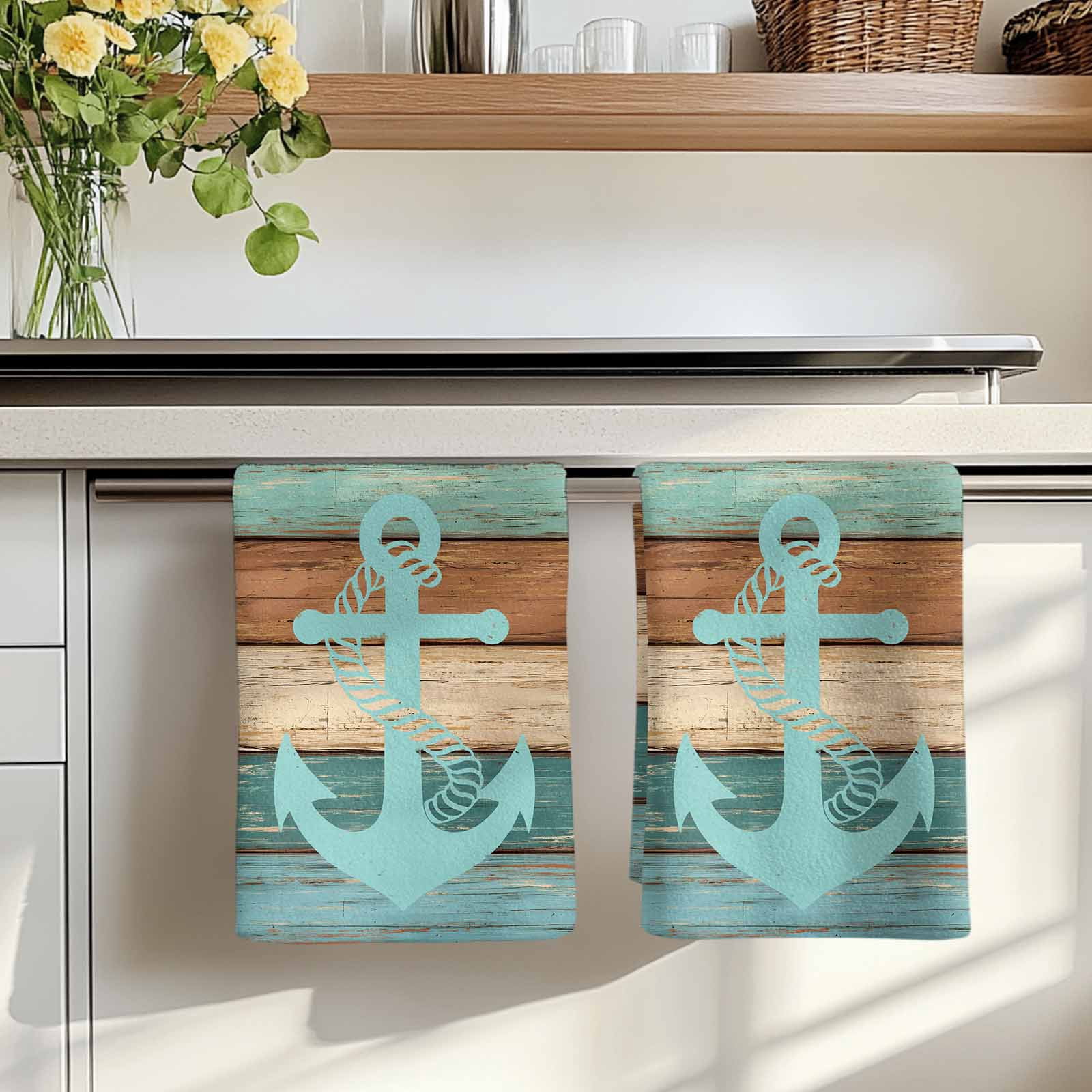 Turquoise Anchor Kitchen Towels Set of 2, Nautical Brown Green Retro Wood Grain Absorbent Dish Towels for Kitchen, Microfiber Hand Towel, Quick Drying Tea Towel for Cleaning Decorative Dishcloths