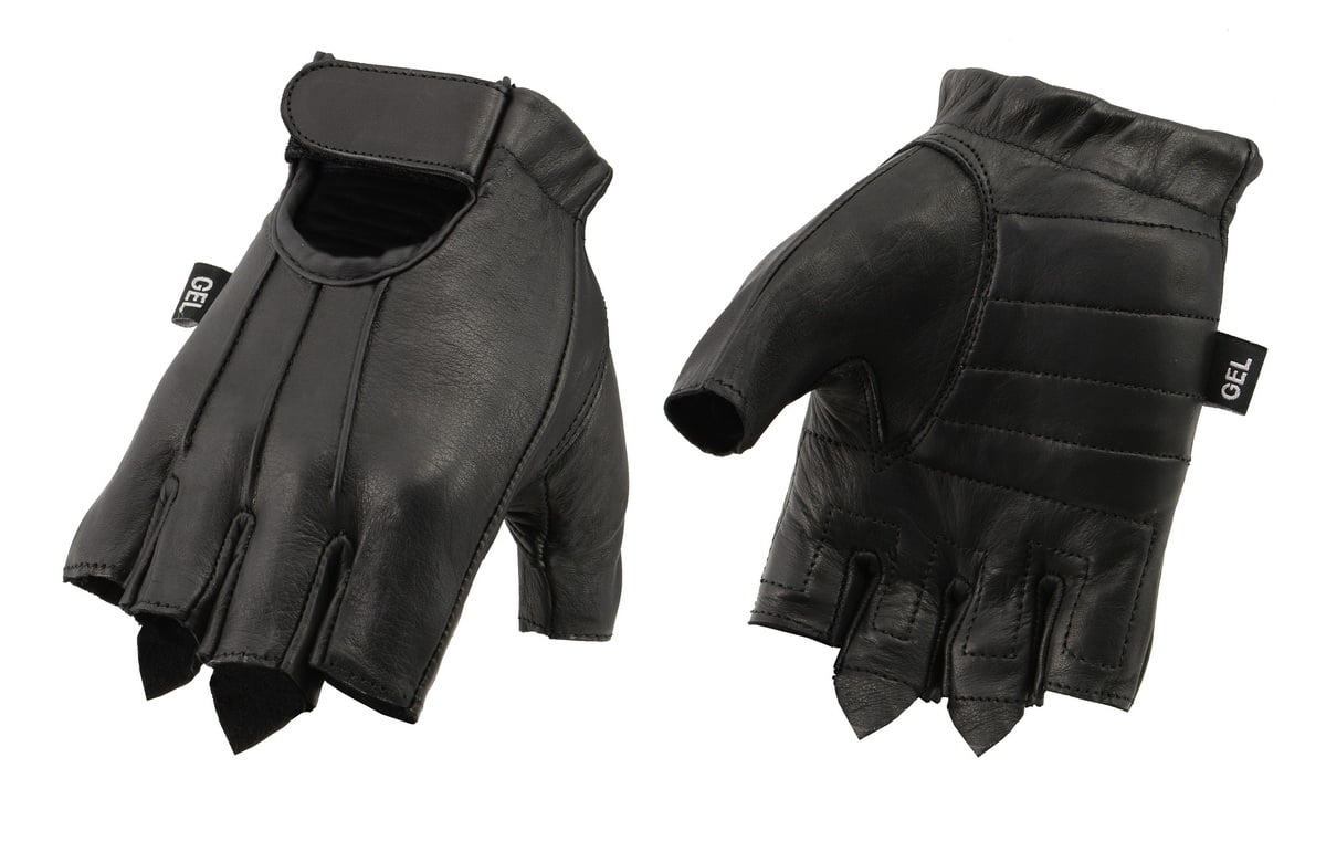 Black Leather FINGERLESS Gloves GREY FLAMES Gel Palm Motorcycle Biker Rider