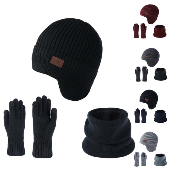 jobturf Trapper Hat for Men Thickened Warm Winter Hats and Neck Warmer Gloves Matching Sets Trendy Knit Beanie Scarf Gloves 3 Piece Outfits