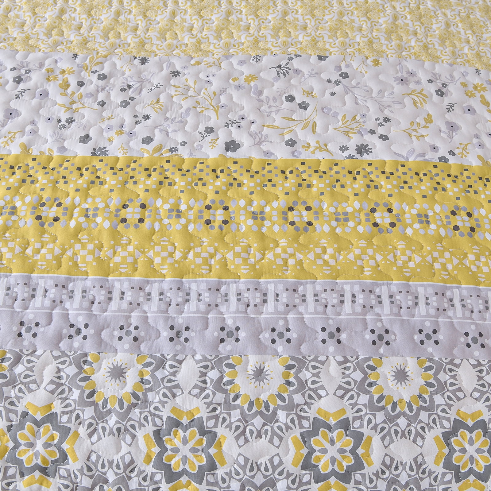 Dintszyayue 3Pcs Floral Boho Quilt Set Queen,Yellow Bohemian Striped Patchwork Bedspread Adult(90"×96")