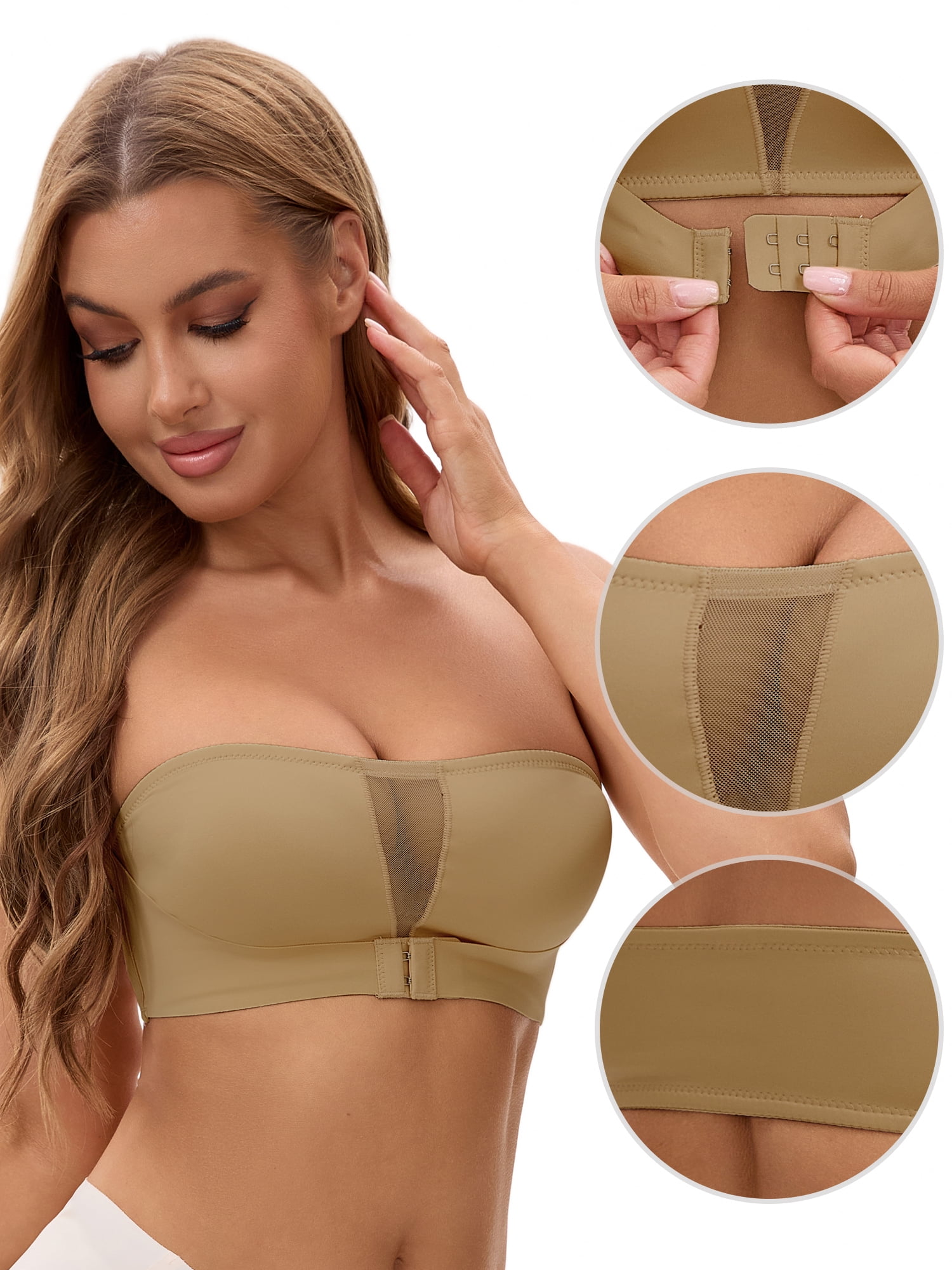 Unique Bargains Women's Front Closure Wirefree Strapless Tube Bras XL Khaki