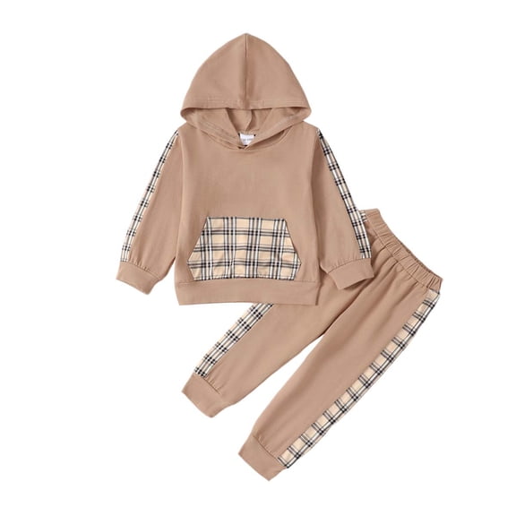 Kucnuzki 18 Months Newborn Baby Boy Winter Outfits Pants Sets 24 Months Long Sleeve Casual Plaid Panel Prints Hoodie Pull-over Elastic Pants 2PCS Set Beige