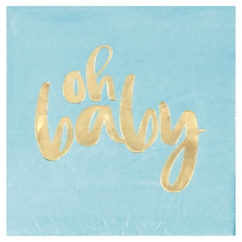 "Oh Baby" Paper Luncheon Napkins, 6.5 in, Blue and Gold, 16ct
