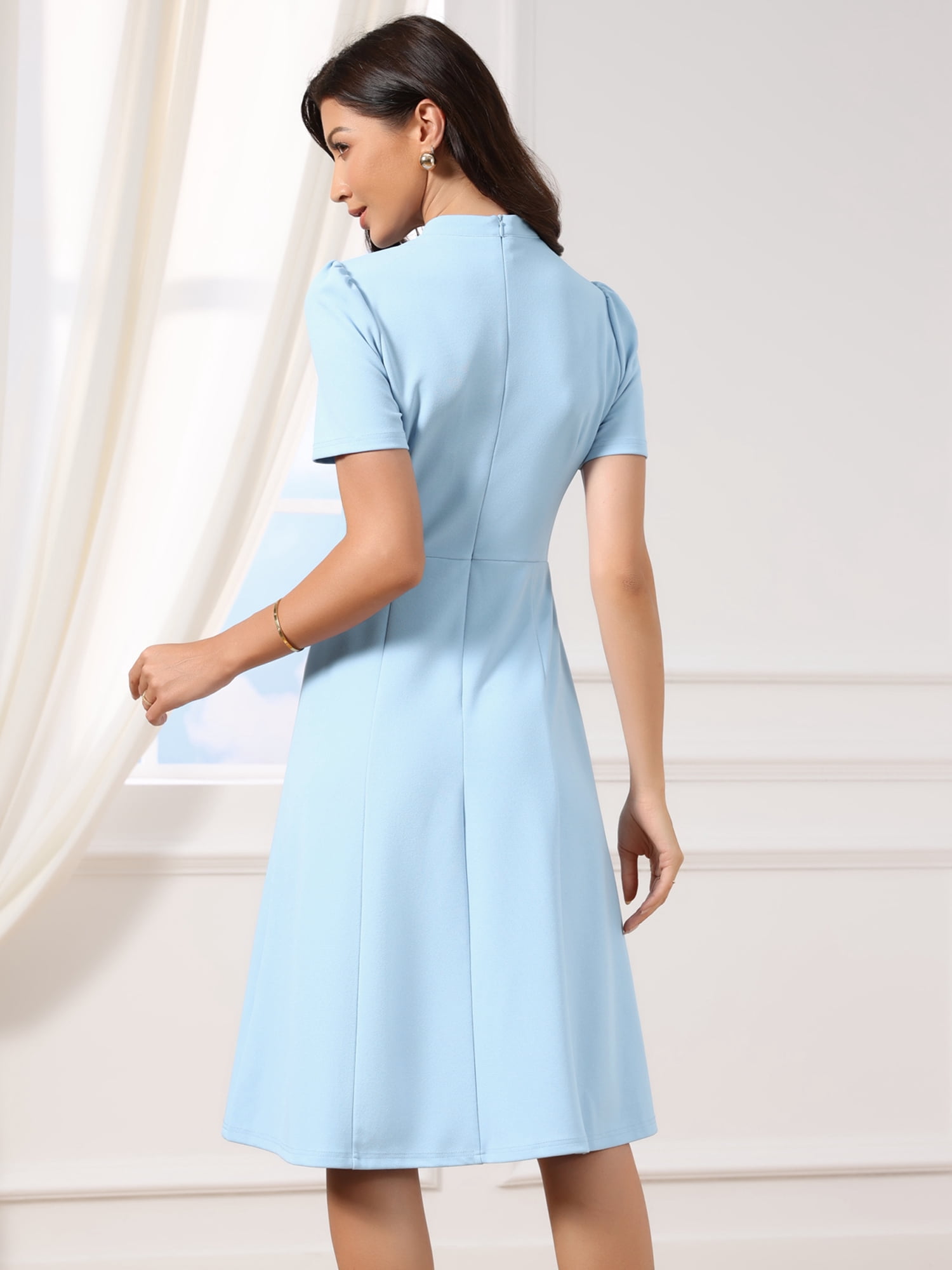 DARING DIVA Women's Work Dresses Midi Short Sleeve V Neck A-Line Dress XS Sky Blue
