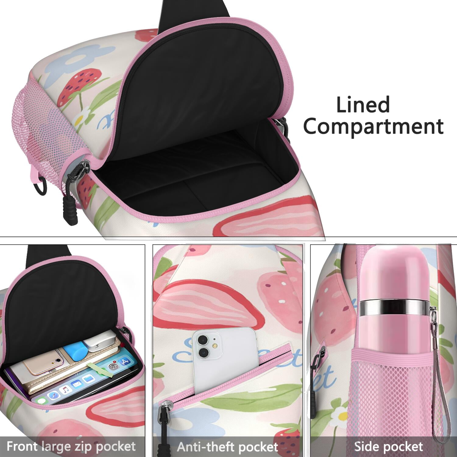 Chest Bag Crossbody Shoulder Bag Small BackpackHiking Sling Backpack for Hiking Dating Gym Cycling Working Strawberry Cute