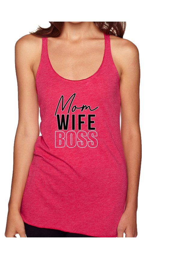 , Mom Wife Boss Mother's Day Tri-Blend Racerback Tank Top, Shocking Pink, Large
