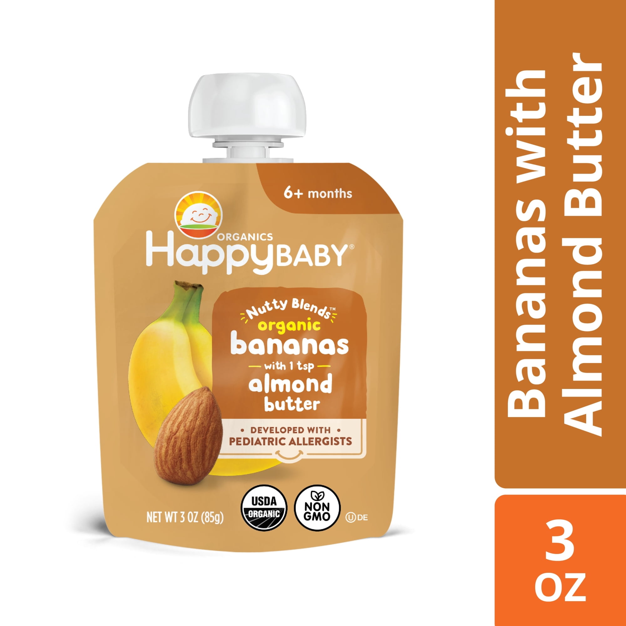 Happy Baby Organics Nutty Blends, Organic Bananas with Almond Butter Organic Baby Food Pouches, 6+ Months, 3 oz