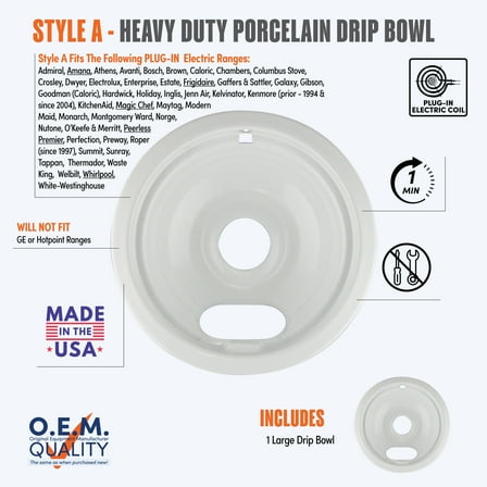 Range Kleen White Porcelain Large Drip Bowl, Style "A"