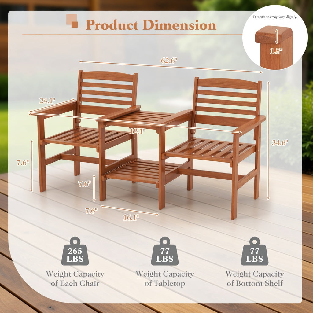 Hommoo Wood 2-Person Outdoor Patio Conversation Set with Coffee Table & Umbrella Hole, Rustic Backyard Seating for Deck, Poolside, or Garden, Natural