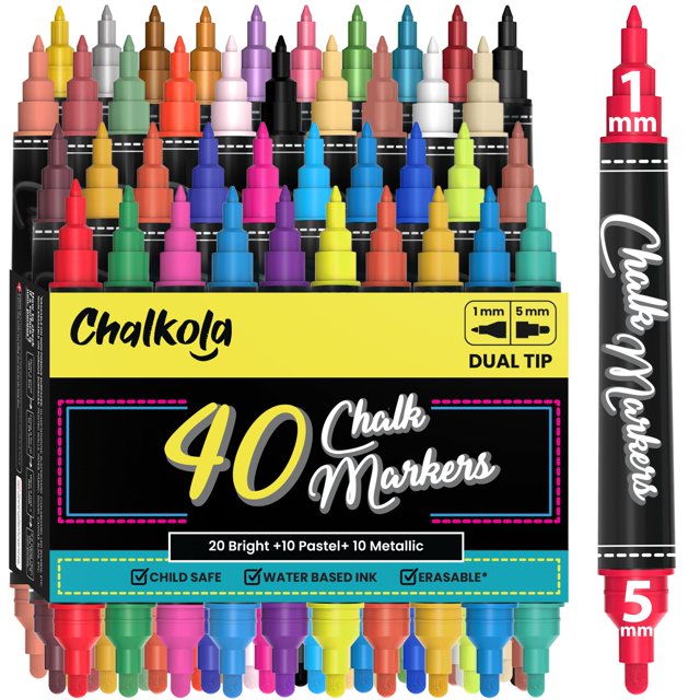 Marcadores de tiza líquida Chalkola con punta doble, paquete de 40