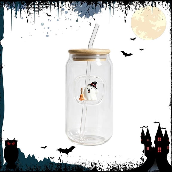 Halloween Glass Cup with 3D Figurine, 16.9oz Borosilicate Tumbler with Wood Lid & Straw for Coffee, Juice & Party Drinks
