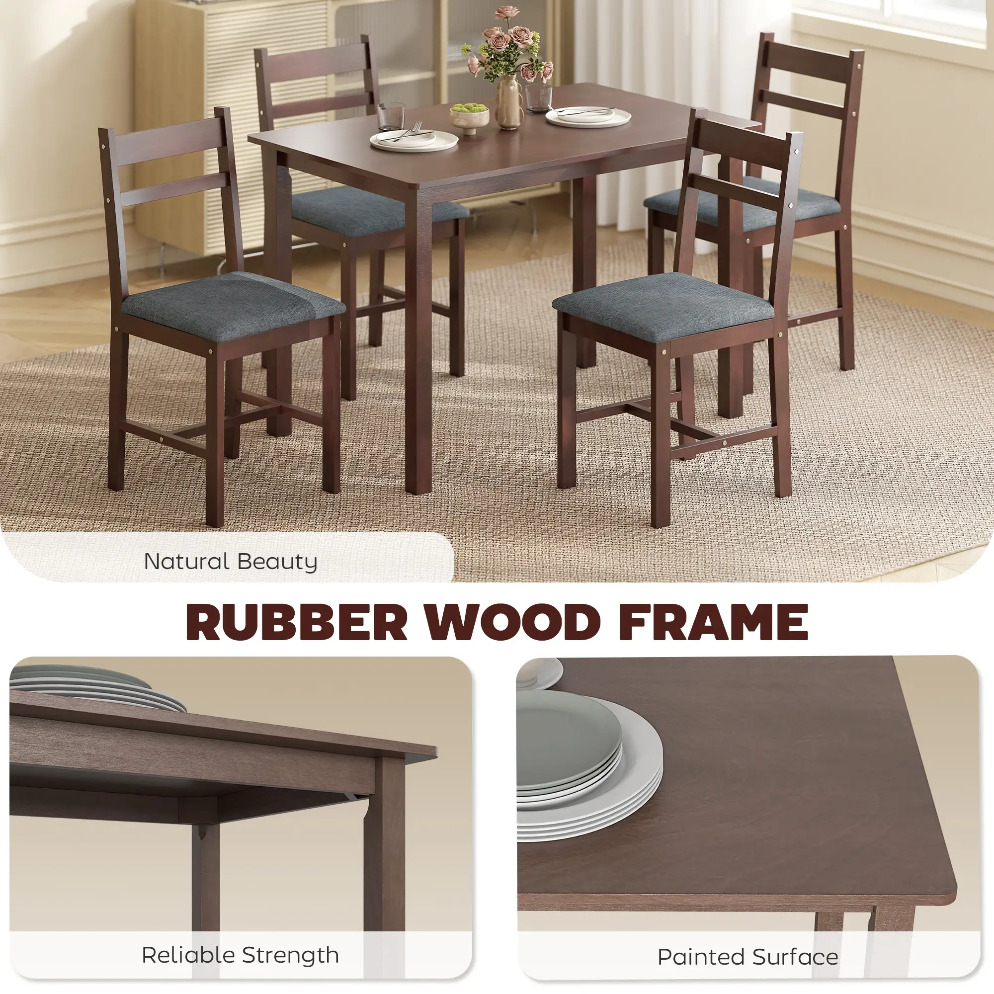 5-Piece Dining Room Set for 4, Rubberwood Table and Chairs with Linen Upholstery, Gray/Walnut