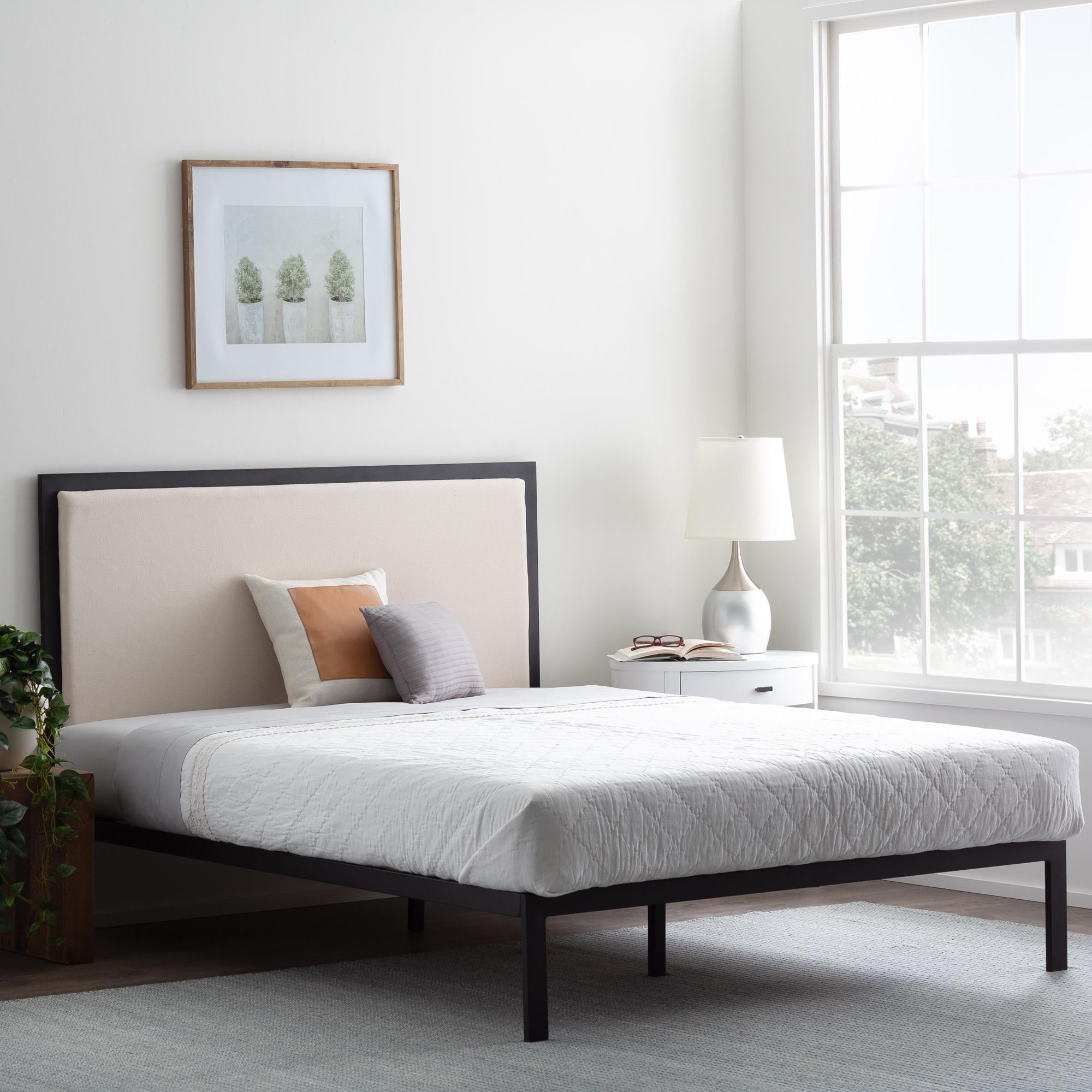 Rest Haven Metal Platform Bed Frame with Upholstered Headboard, Queen, Oat