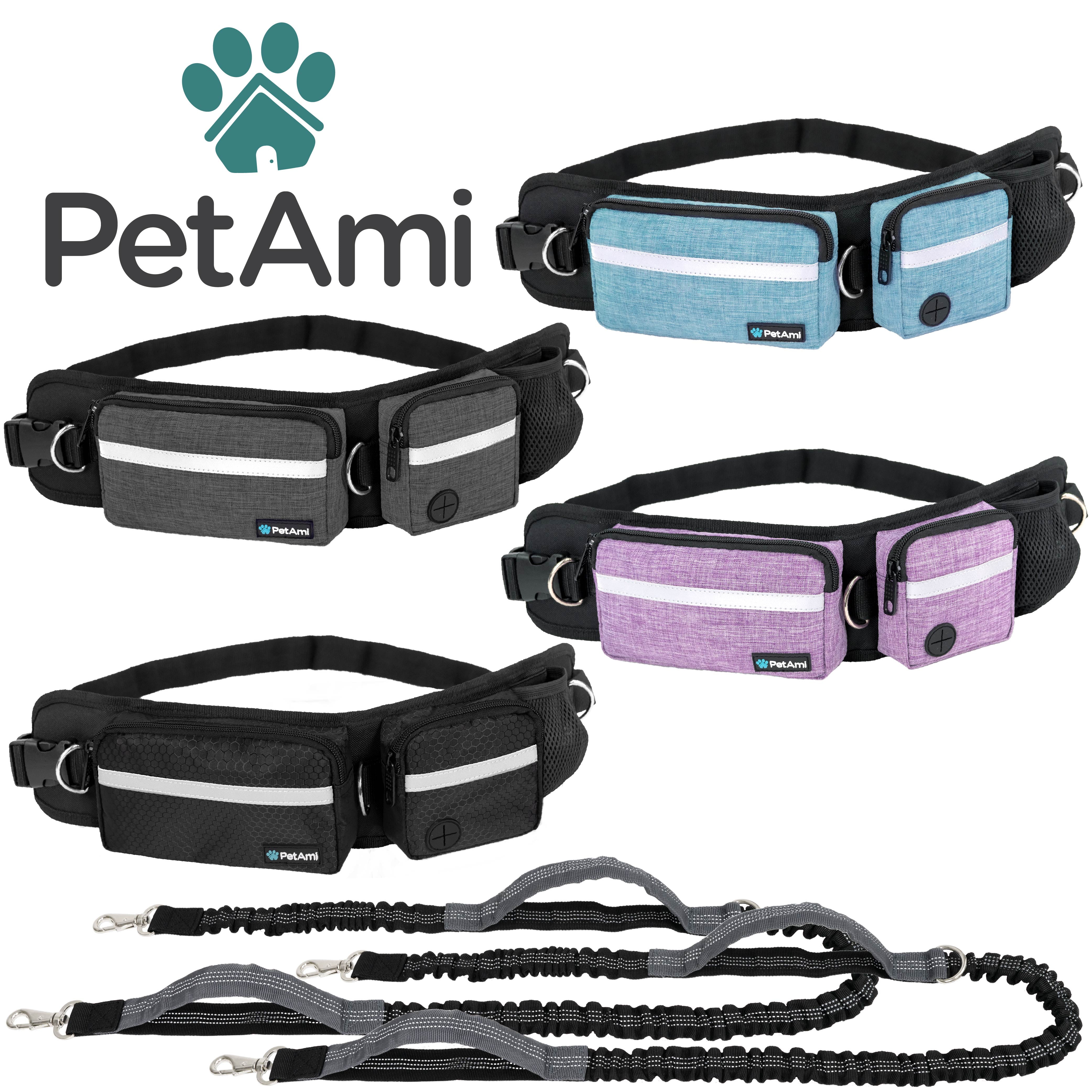 PetAmi Hands Free Dog Leash, Dog Running Leash Belt Bag for Walking, Jogging, Dog Waist Double Zipper Pouch with Poop Bag Dispenser, Dual Padded Handles Reflective Bungee Leash, Double (Charcoal Grey)