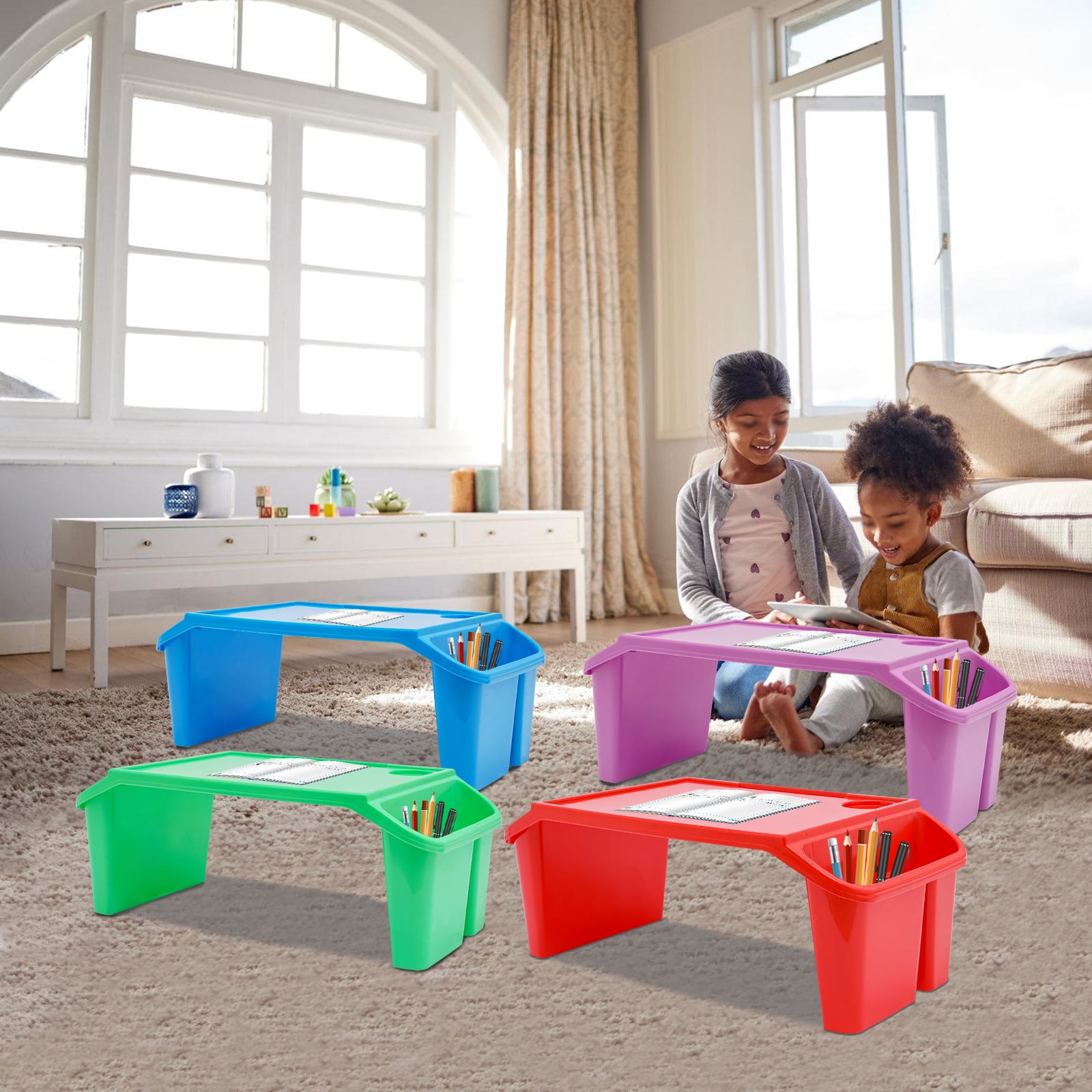 4 Pcs Kids Lap Desk Tray, Plastic Breakfast Laptop Trays, Portable Lap Bed Table w/Side Pockets (22" x 12" x 8")