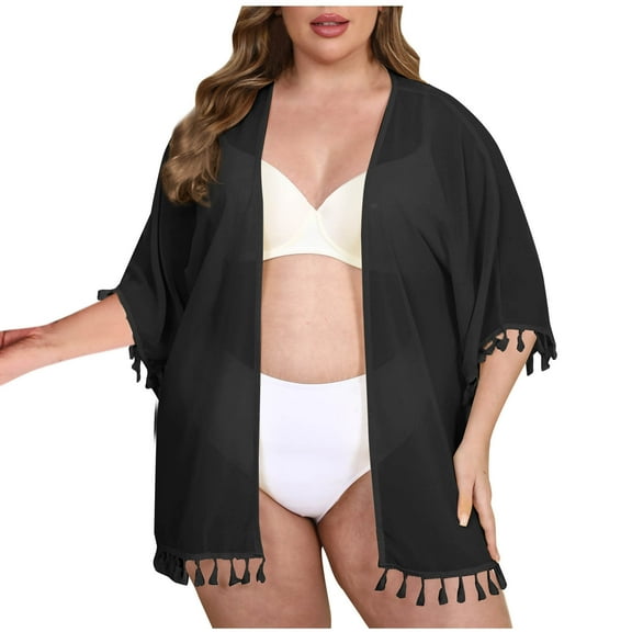Lopeceal Plus Size Swimsuit Cover Up For Women Tassel Mesh Sheer Bikini Cardigan Beach Vacation Fashion Cover Up L-3XL