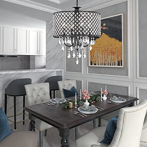 Maxax 4 Lights Crystal Chandelier, Modern Adjustable Ceiling Light with Round Beaded Drum Shade, Pendant Hanging Lighting, E12 Base, for Living Room Dining Room Bedroom, Antique Black