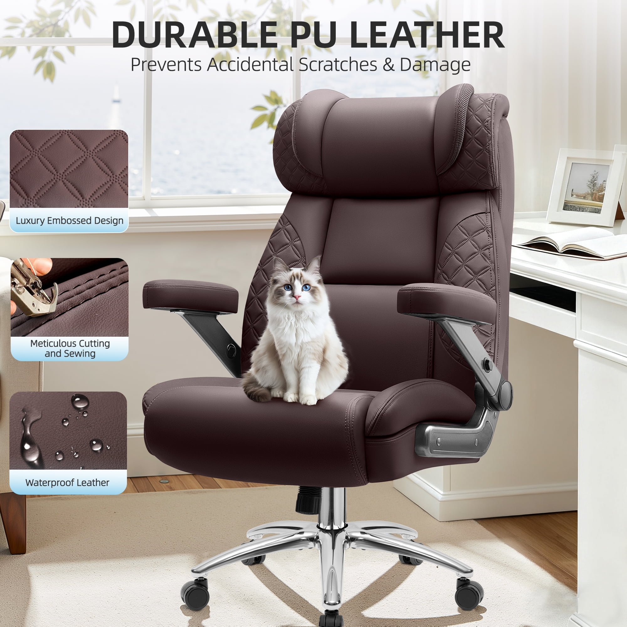 FASTES Leather Office Chair Big and Tall Desk Office Chair, 500lbs Computer Chair Ergonomic Extra Wide Gaming Chair with Adjustable Lumbar Support 5D Flip Arms,Coffee