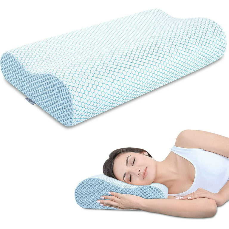 Memory Foam Pillow, Highwell Neck Contour Cervical Orthopedic Pillow for  Sleeping Side Back Stomach Sleeper, Ergonomic Bed Pillow for Neck Pain -  Blue White, Firm 