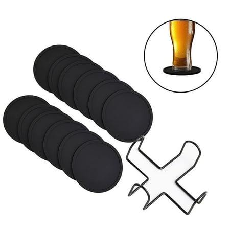 

12Pcs Silicone Coasters Thickened Drink Coasters with Holder - Cup Mat - Non-Slip Non-stick Stay Put - Prevents Furniture and Tabletop Damages(Black)