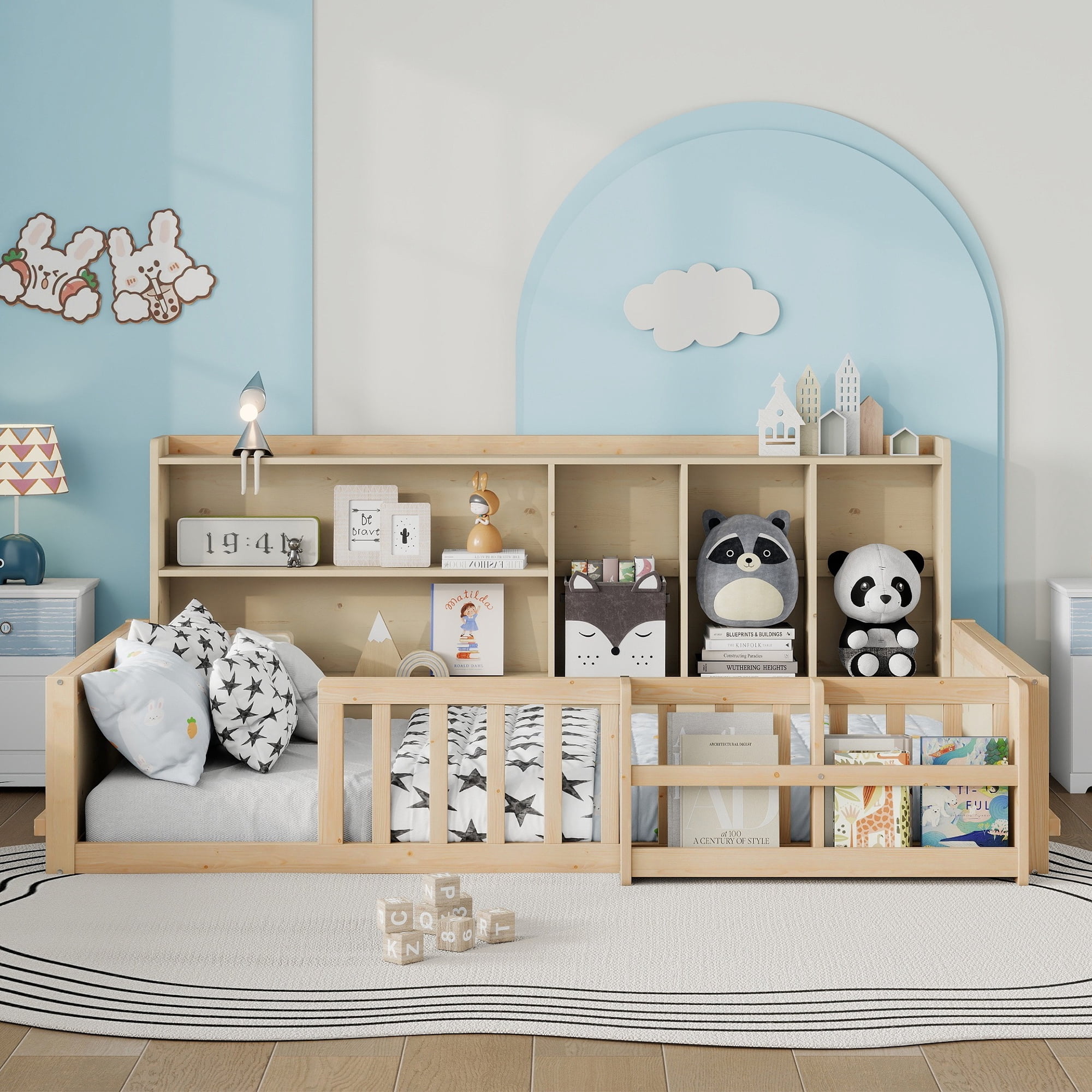 Mintazer Twin Size Montessori Floor Bed with Bookshelf & Guardrails, Kids Platform Bed Frame with Storage Cubbies for Bedroom, Natural