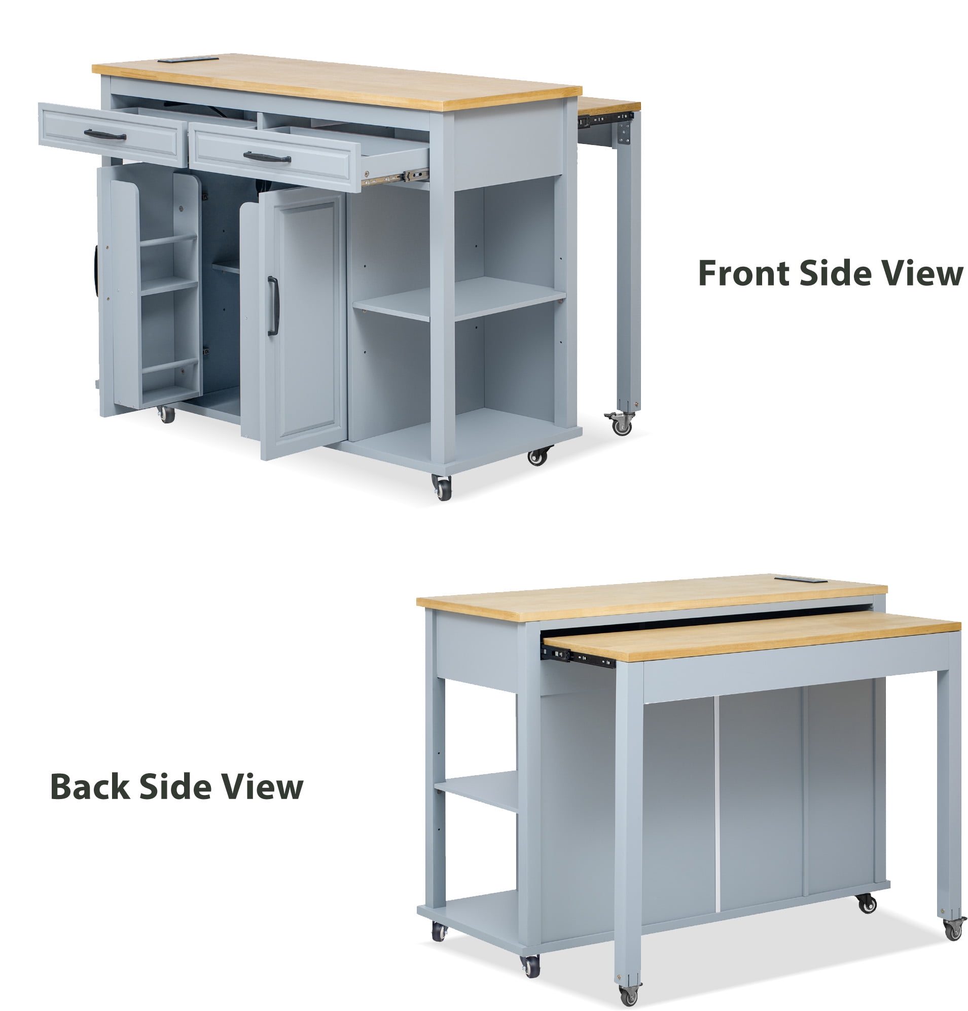 Yoneston 47" Farmhouse Kitchen Island with Power Outlet, Multifunctional Kitchen Trolley with Drop Leaf, Internal Storage Rack and 2 Drawers 2 Cabinet for Kitchen, Dining Room, Blue