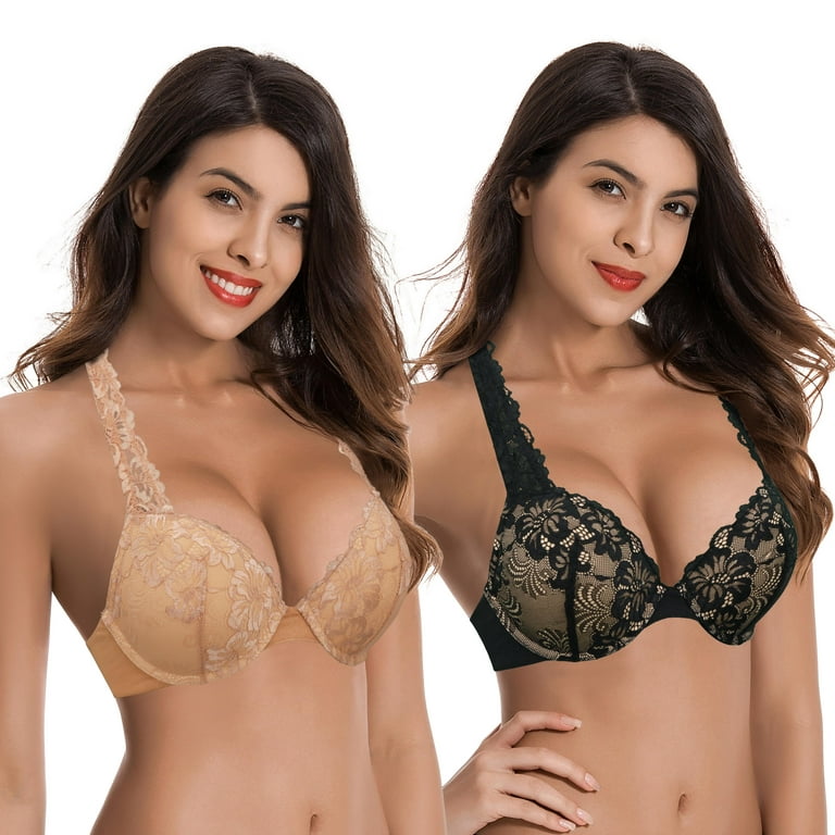 Curve Muse Women's Plus Size Add 1 and a half Cup Push Up Underwire  Convertible Lace Bras -2PK-Black,Nude-32D