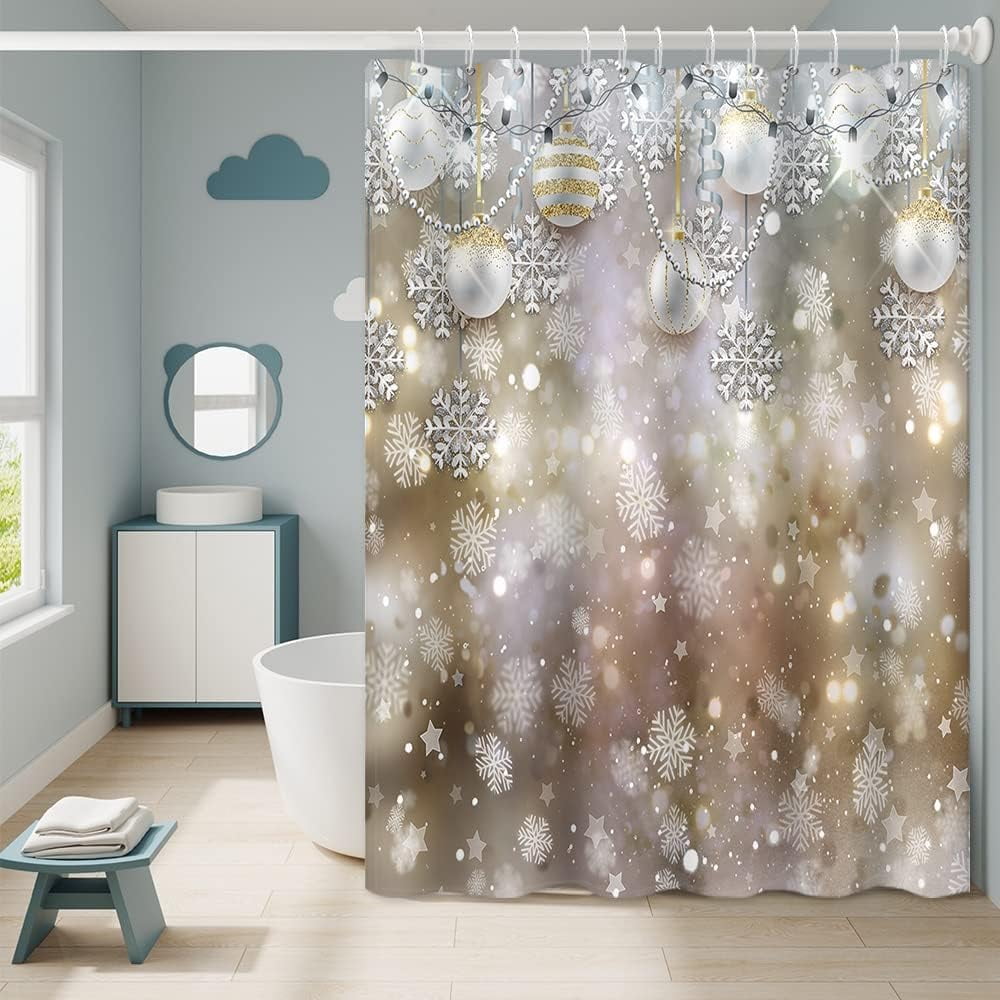 Sonernt Merry Christmas Shower Curtain with Hooks Silver Xmas Balls