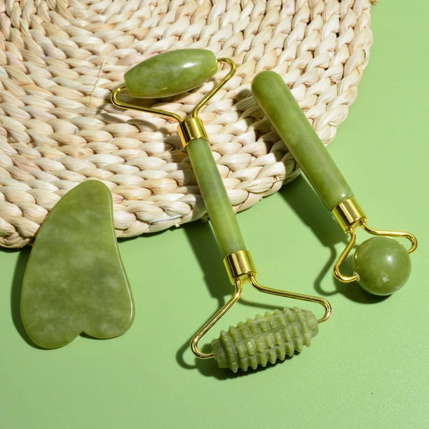 Rodillo Masajeador Facial Jade Piedra Gua Sha y Cepillo de Silicona Rodillo y Guasha en Cristal de Jade Verde Kit de Masaje Manual para Rostro