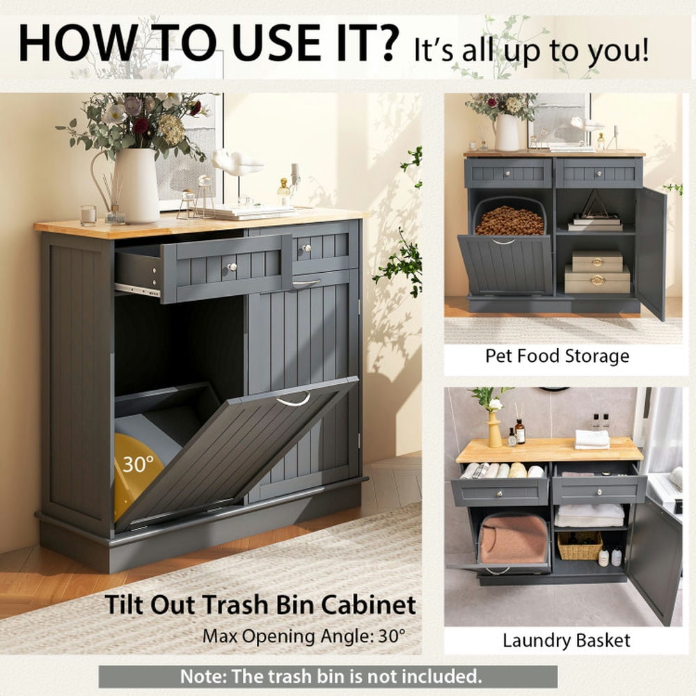 Finihen Kitchen Storage Cabinet, Buffet Sideboard, Rubber Wood Kitchen Trash Cabinet with Single Trash Can Holder and Adjustable Shelf, for Dining Room, Kitchen, Living Room, Gray Finihen Kitchen Storage Cabinet, Buffet Sideboard, Rubber Wood Kitchen Trash Cabinet with Single Trash Can Holder and Adjustable Shelf, for Dining Room, Kitchen, Living Room, Gray