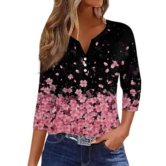 WTOBBY Women's V-Neck T-Shirt with Floral Print, Button Detail, and 3/4 Sleeve, Casual Weekend Fashion for Spring Fall Season, Daily Use, and Outings,Black L