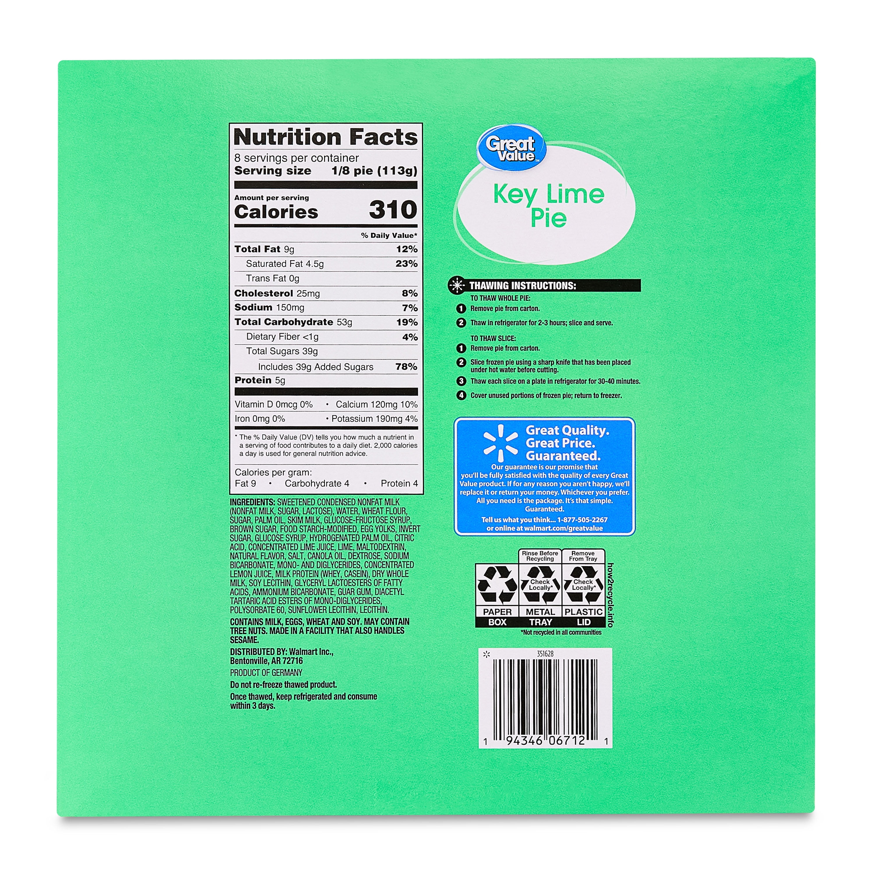 Great Value Key Lime Pie, 32 oz (Frozen)