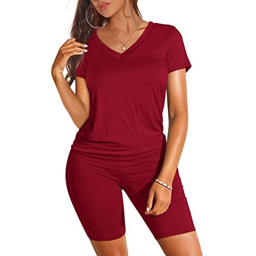 Ensemble Deux Pièces pour Femmes, Manches Courtes, Col en V, Shorts de Cycliste (Rouge, L)
