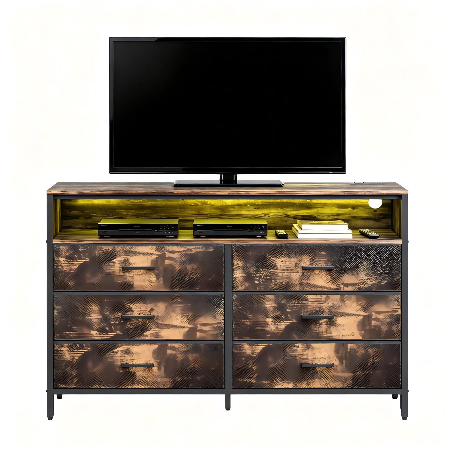 6-Drawer TV Cabinet with RGB Light Strip and Power Hub, 45 x 11.8 x 34.3 in, Rotten Wood