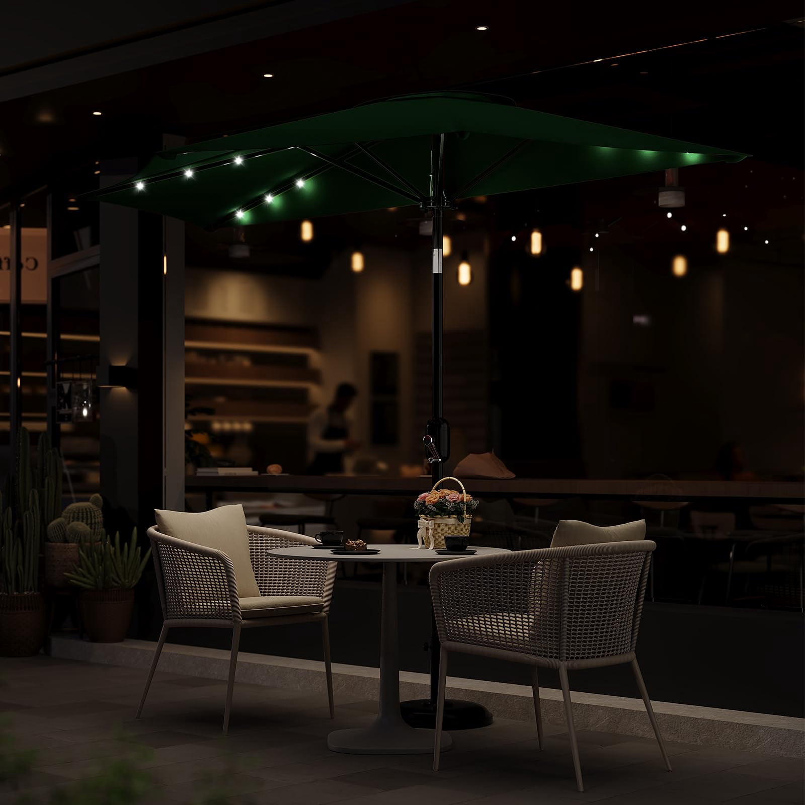 Senfot 9FT Half Patio Umbrella with Solar LED Lights, Smooth Crank Lift Outdoor Shade Canopy, UV Resistant for Patio Backyard Deck, Dark Green