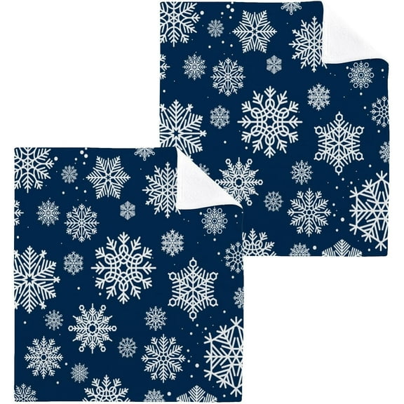 SKYSONIC Blue Snowflake Christmas Washcloths Set of 2, Highly Absorbent Soft Cotton Fingertip Towels for Bathroom, Kitchen, Gym, Spa, Home Decor, 12 x 12 Inch