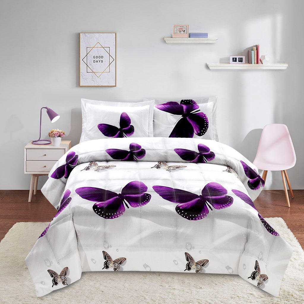 3pcs Comforter Set Luxury Floral Pattern Duvet Set King Dark Purple 