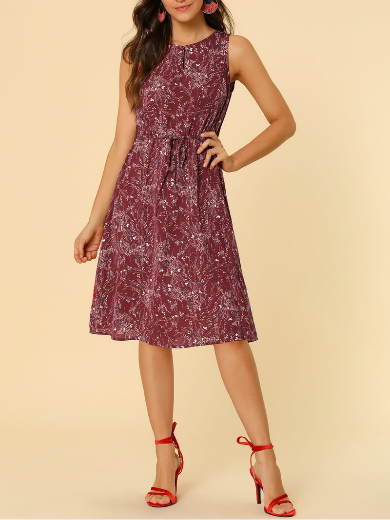 Inspire Chic Women's Keyhole Neck Drawstring Waist Sleeveless A-Line Ditsy Print Midi Dress Burgundy 3XL