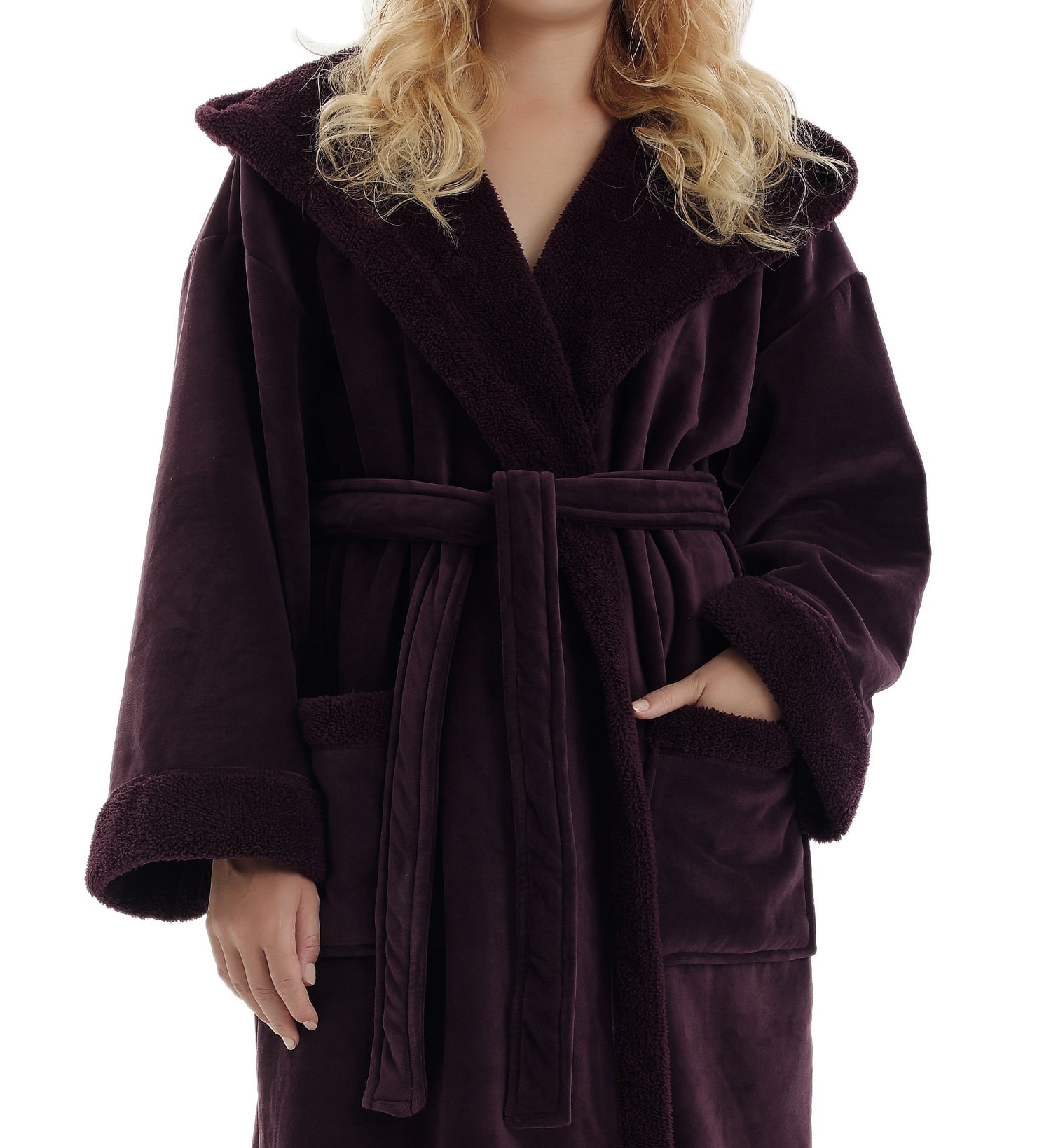 Women's Hooded Sherpa Robe Soft Plush Fleece Bathrobe - Walmart.com