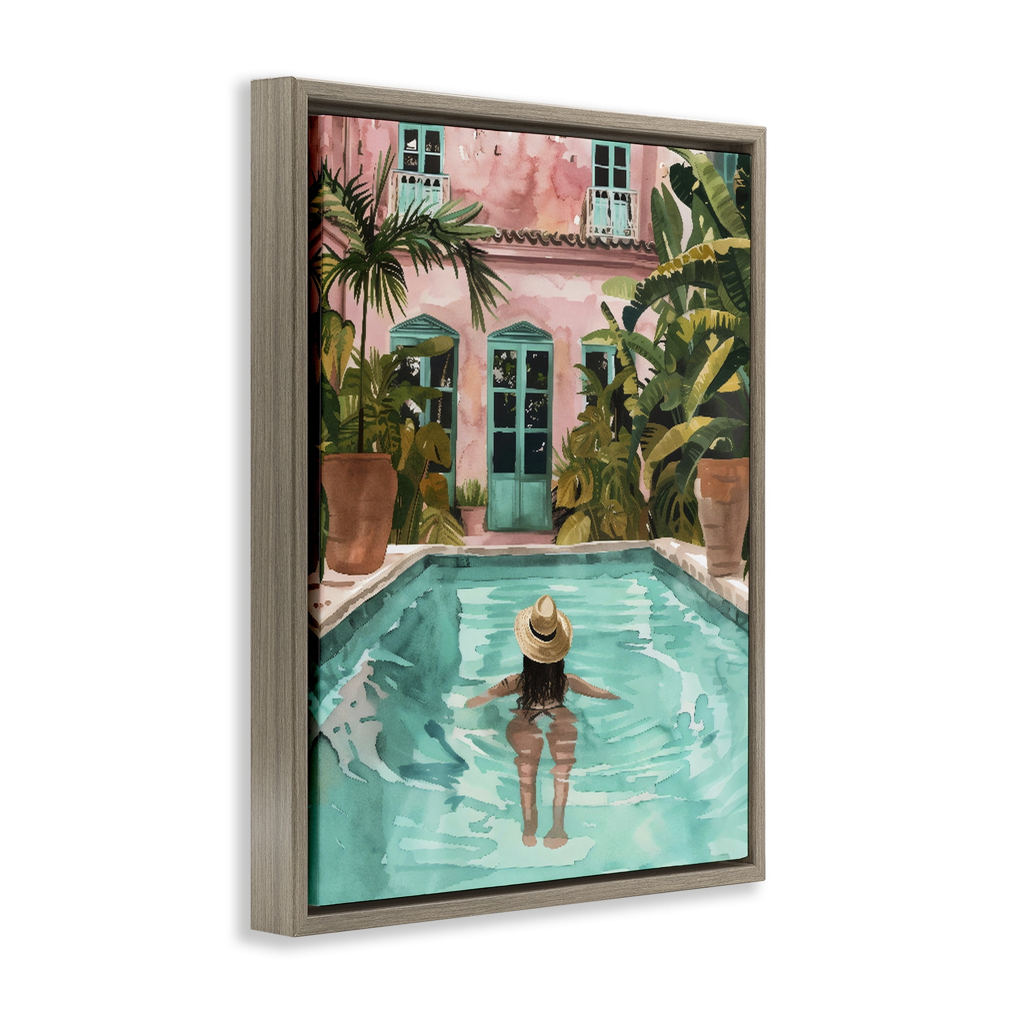 Stupell Industries Girl Swimming In Pool Brown Framed Floater Canvas Wall Art, design by The Prints Vibe