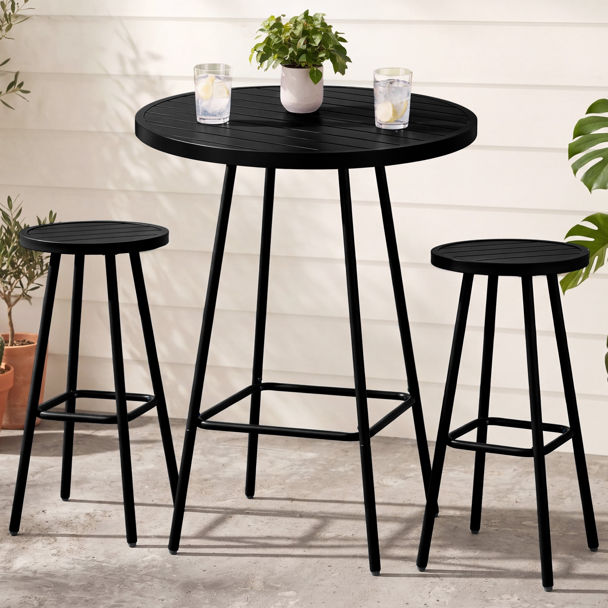 Best Choice Products 3-Piece Steel Patio Bar Height Round Bistro Set w/ Backless Stools, Slatted Design - Black